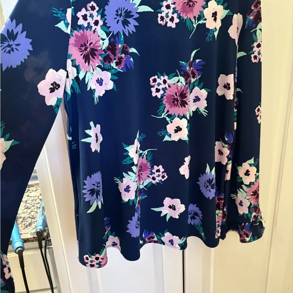 Style & Co. Floral Lace-Up Blouse - Pink, Purple, Green on Navy - Picture 4 of 4